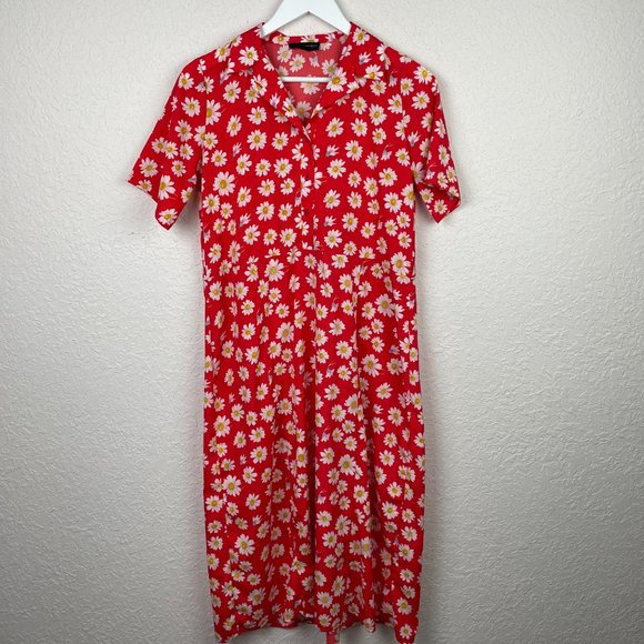 WEDNESDAYS GIRL Womens Red Daisy Boho Print Button Up Maxi Short Sleeve Dress - Picture 2 of 8